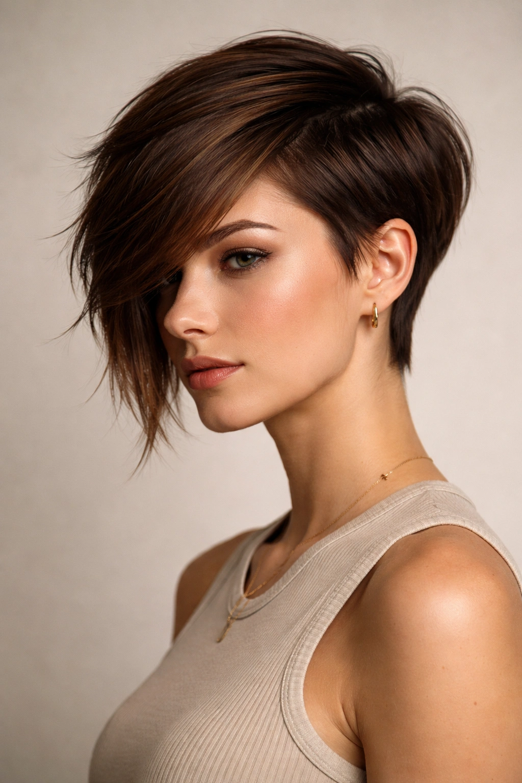 12 Long Pixie Hairstyles From Sleek To Textured 5 Portrait of asymmetrical long pixie cut with one side longer, creating dynamic silhouette.
