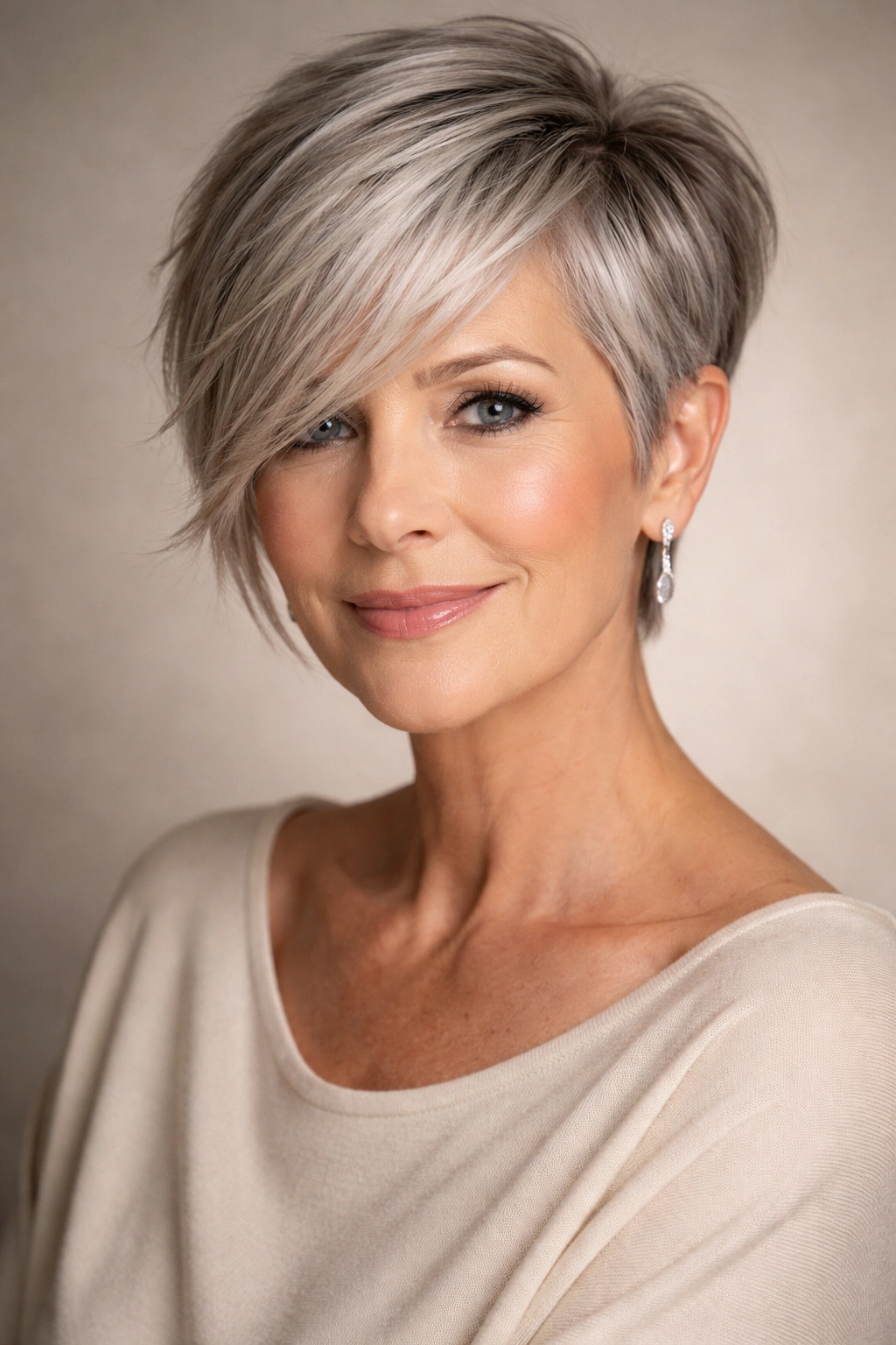 Asymmetrical pixie with long sweeping bangs and bold contrast.
