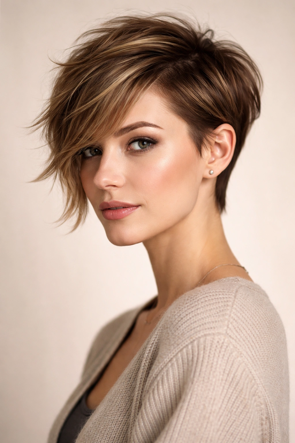15 Pixie Cuts That Suit Every Face Shape 9 Head-and-shoulders portrait of asymmetrical pixie with one longer side on a rectangular face