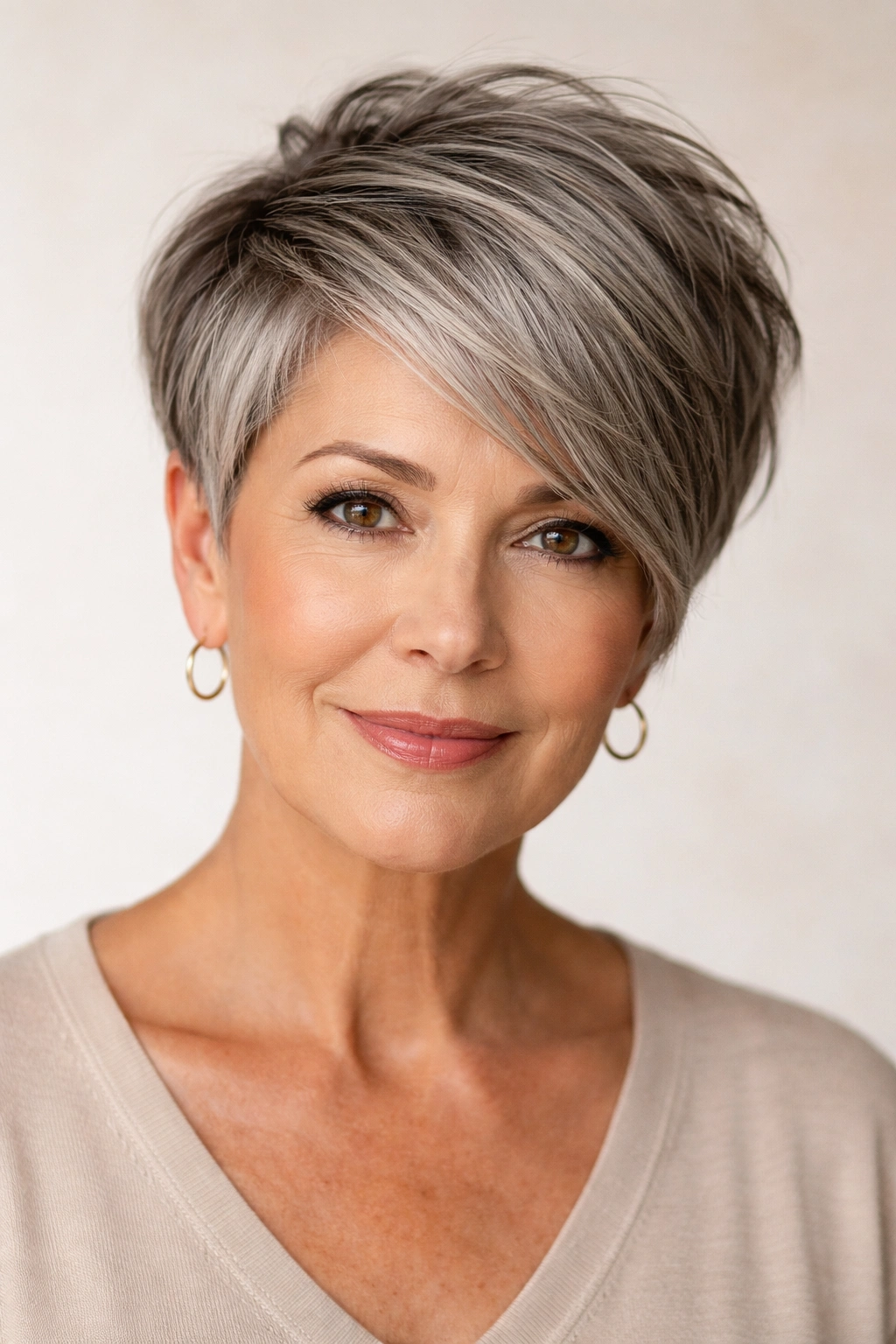 20 Haircuts For Women Over 60 By Face Shape 16 Asymmetrical pixie on a round-face silhouette showing diagonal lines and contrast.