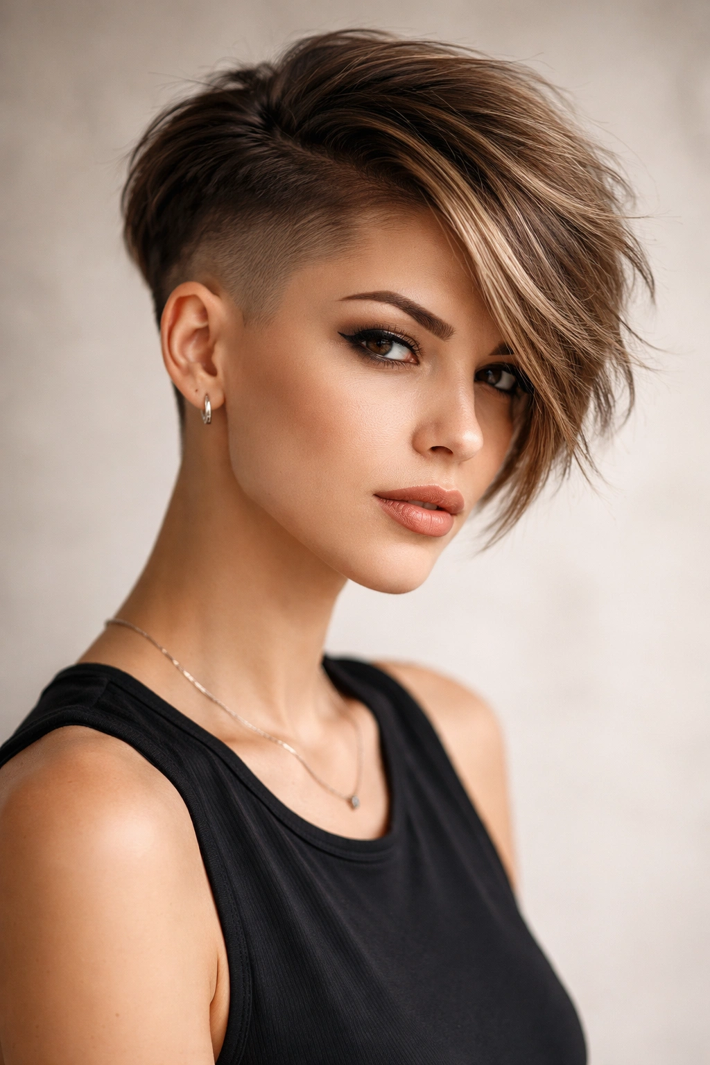 10 Shaved Pixie Styles That Look Incredibly Sharp 8 Portrait of a model with one shaved side and longer hair on the other, highlighting asymmetrical pixie design
