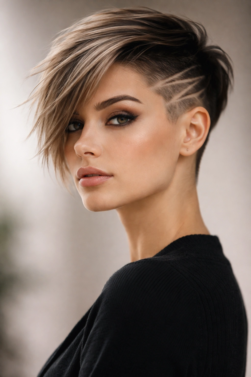 12 Short Haircuts With Shaved Sides For Bold Women 6 Portrait of a woman with an asymmetrical pixie and shaved detail on one side