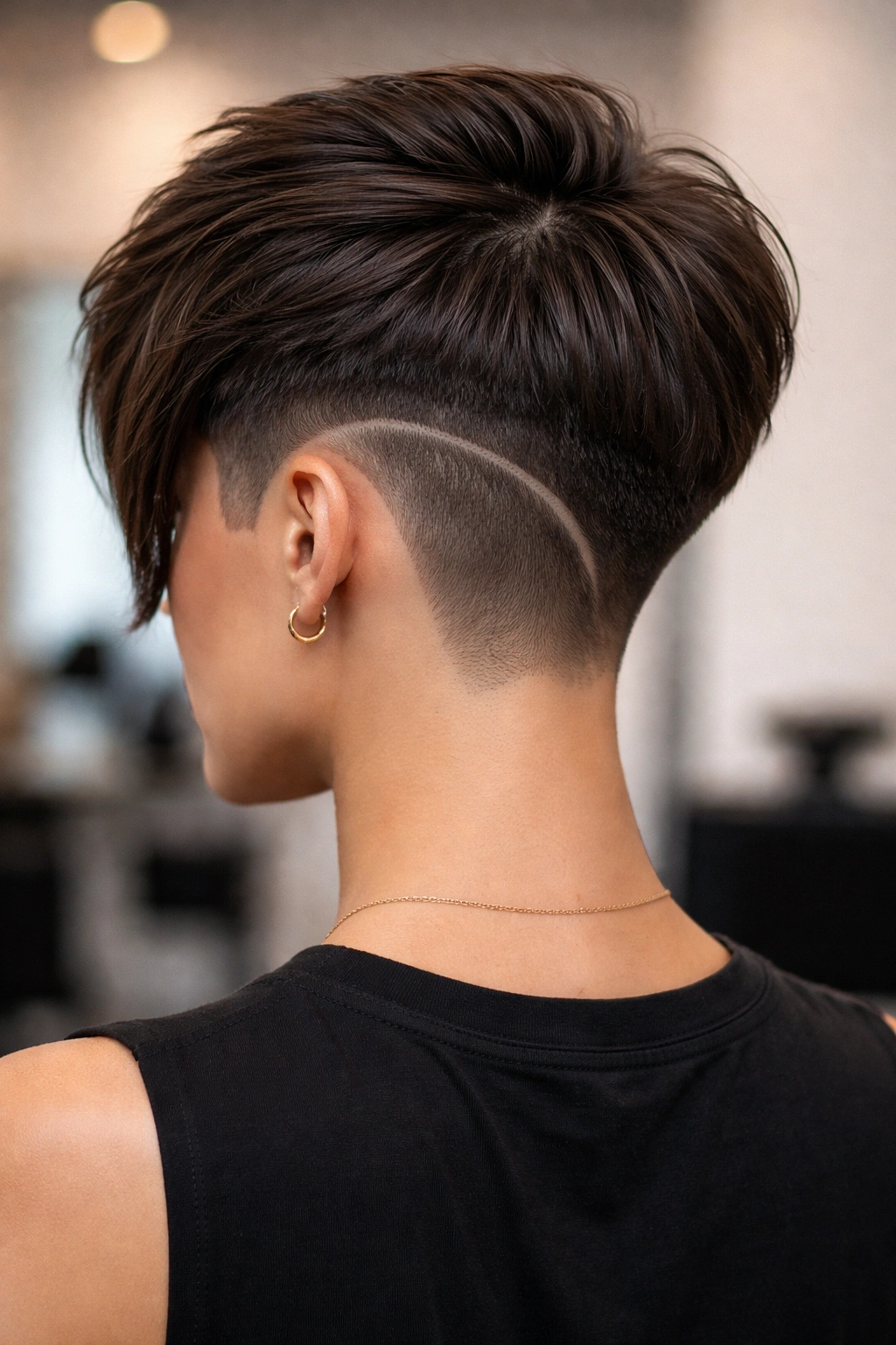 Back view of asymmetrical pixie showing longer textured side and shaved side.
