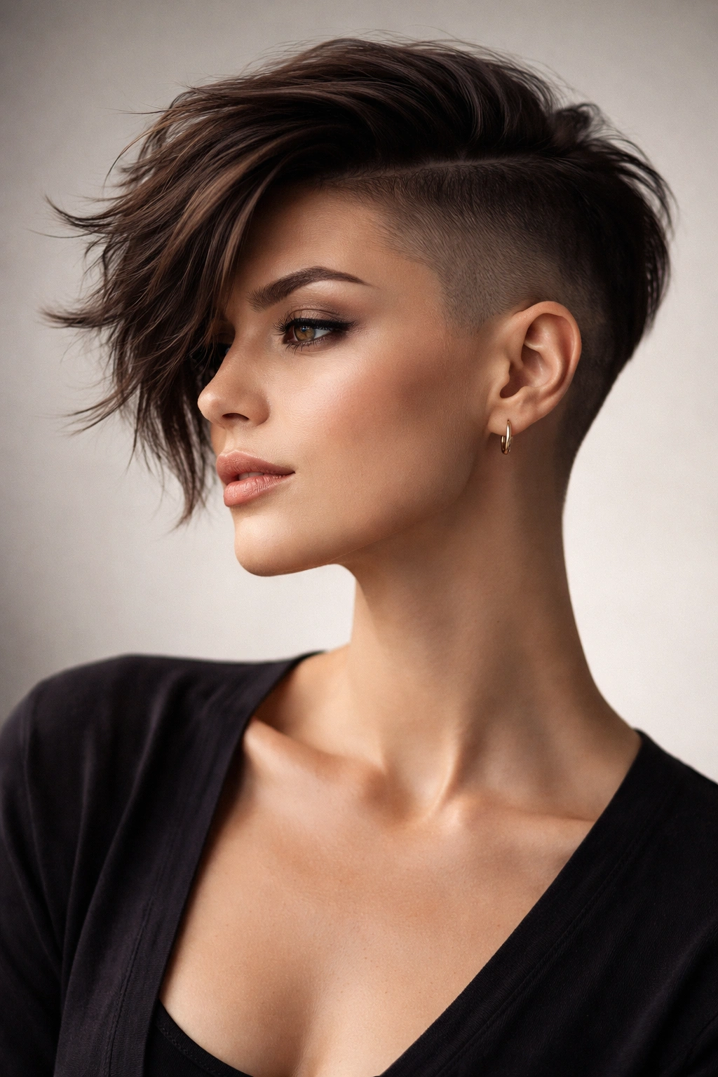 8 Shaved Pixie Cuts That Make A Bold Statement 2 Portrait of asymmetrical shaved pixie with one long side and shaved opposite side