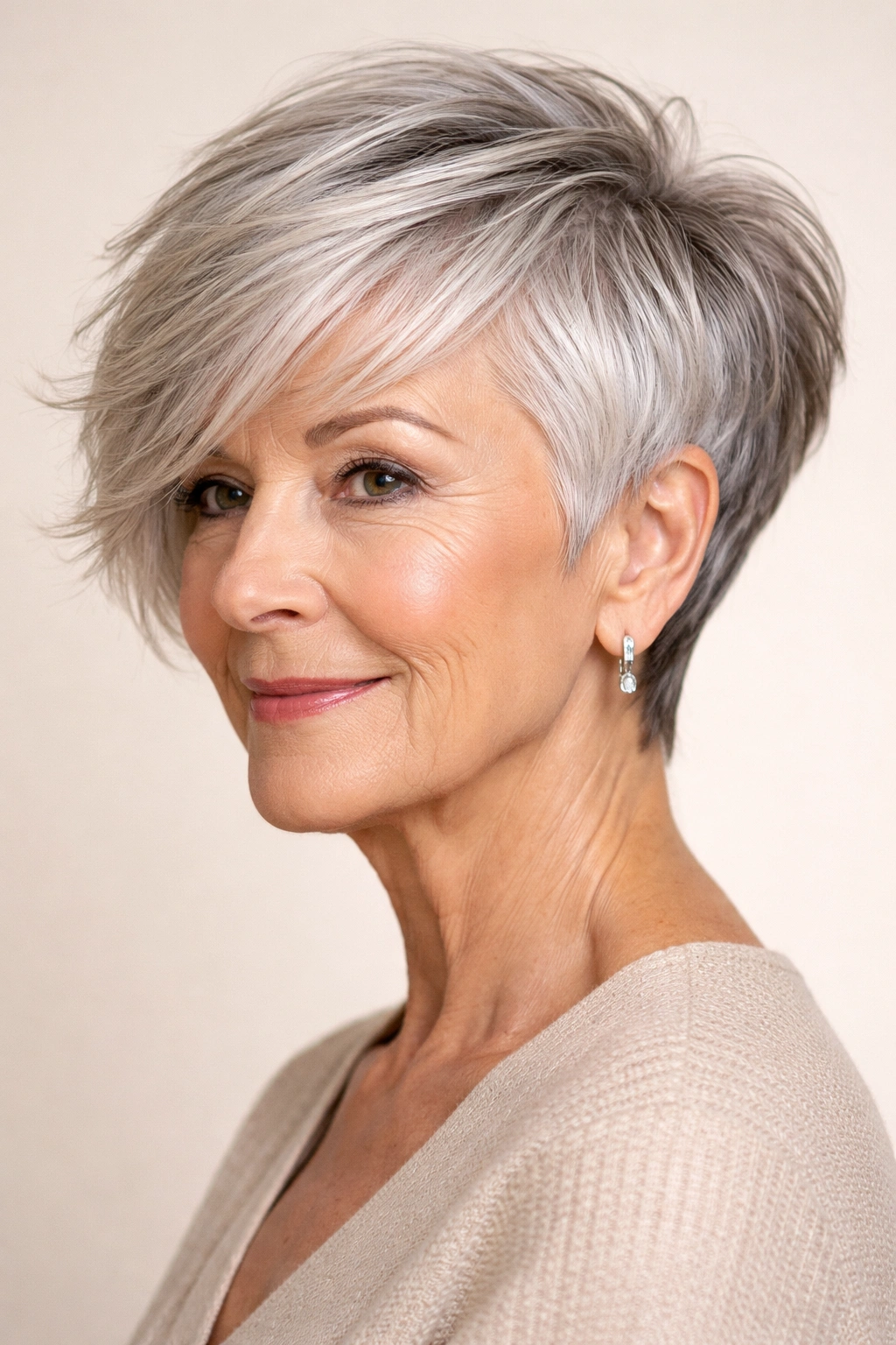 Portrait of a mature woman with an asymmetrical pixie haircut, longer on one side