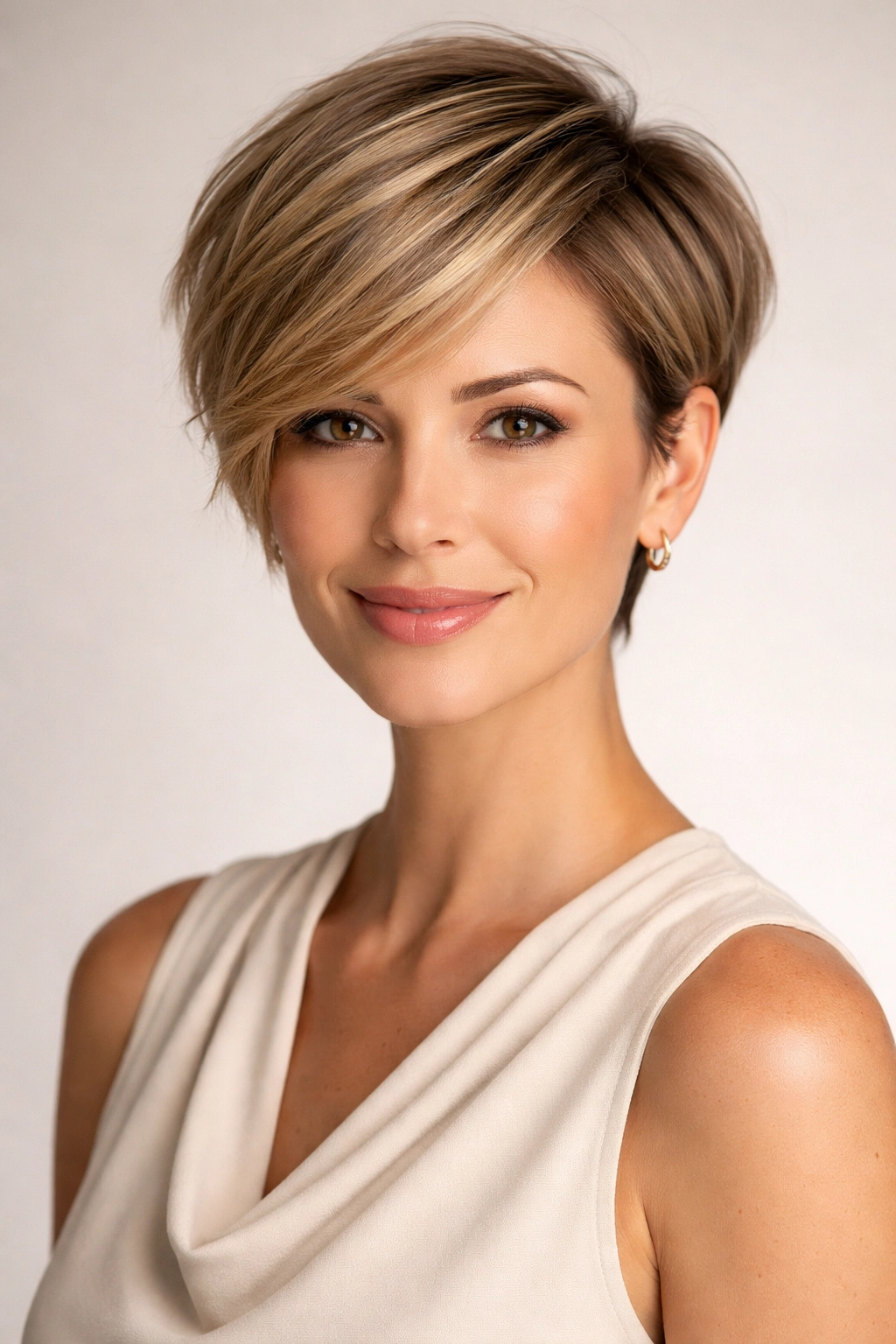 Portrait of a woman with an asymmetrical pixie featuring a longer swept side.