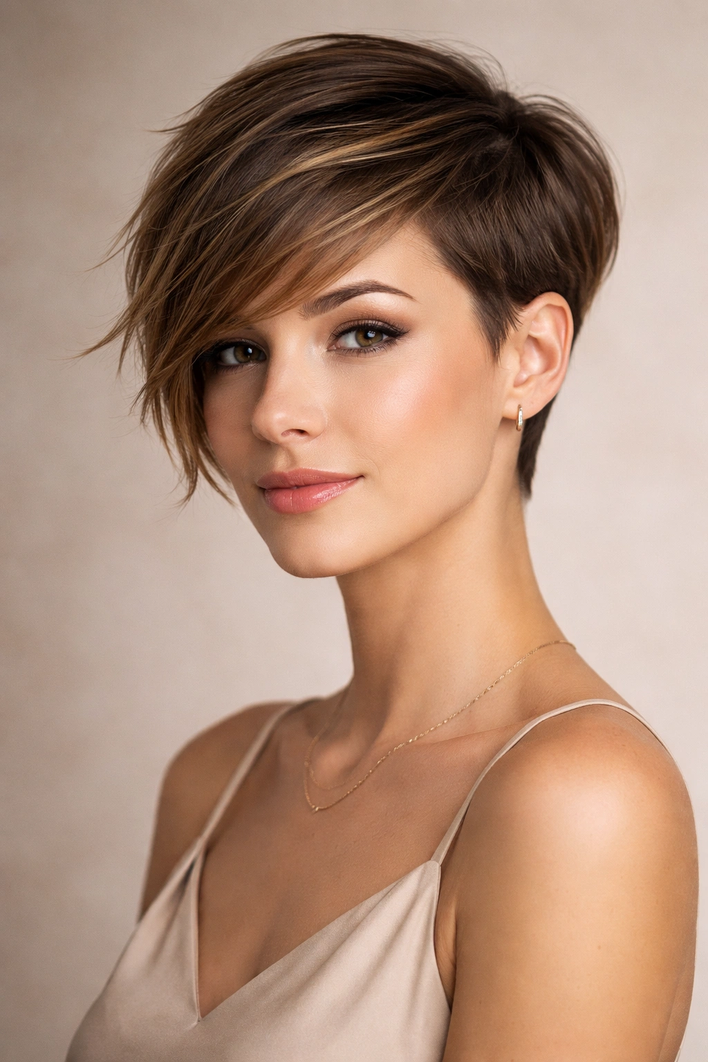 Portrait of an asymmetrical pixie with side-swept bangs