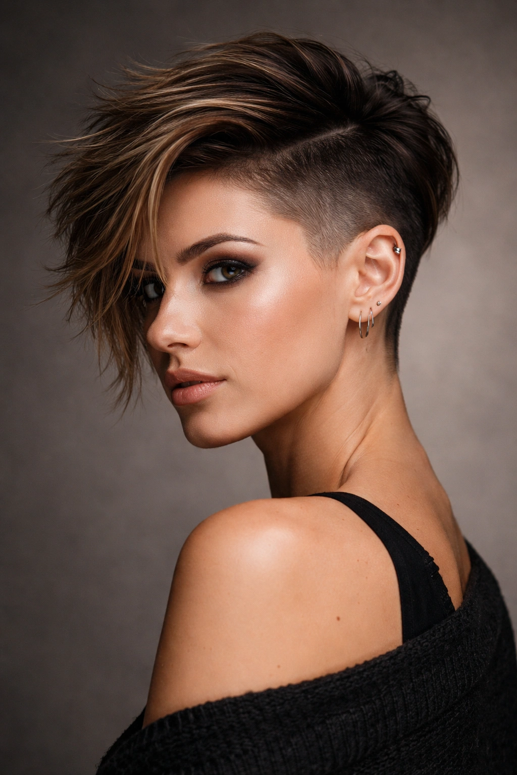 12 Statement Hairstyles With Shaved Sides 10 Portrait of Asymmetrical Pixie with Undercut showing uneven lengths and dramatic sweep