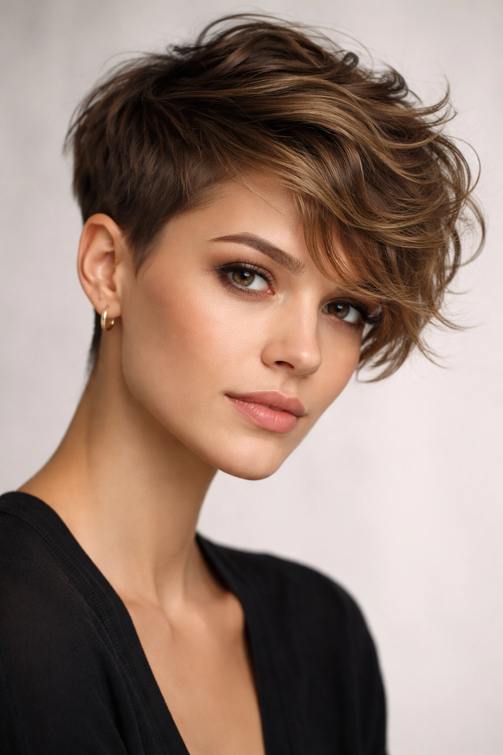 Close-up portrait of a person with an asymmetrical pixie showing shorter and longer sides with defined waves