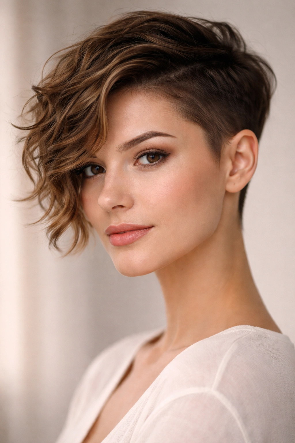 Asymmetrical pixie with longer side and buzzed opposite side on model