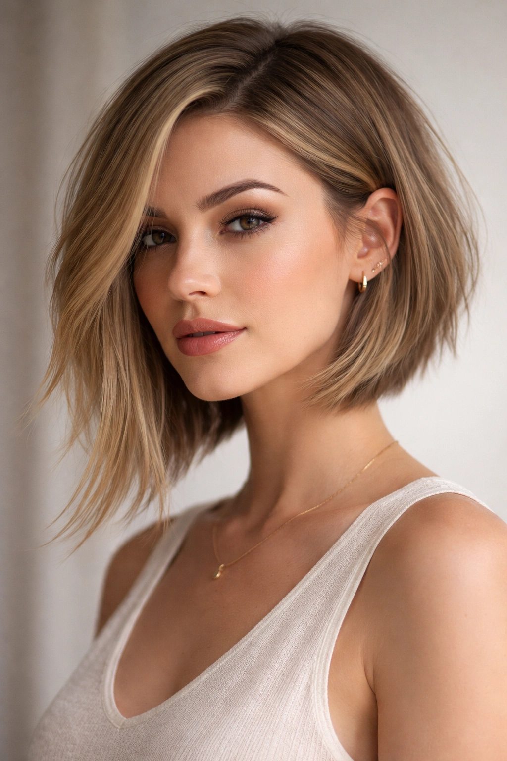 Asymmetrical razor bob with longer front pieces, soft texture