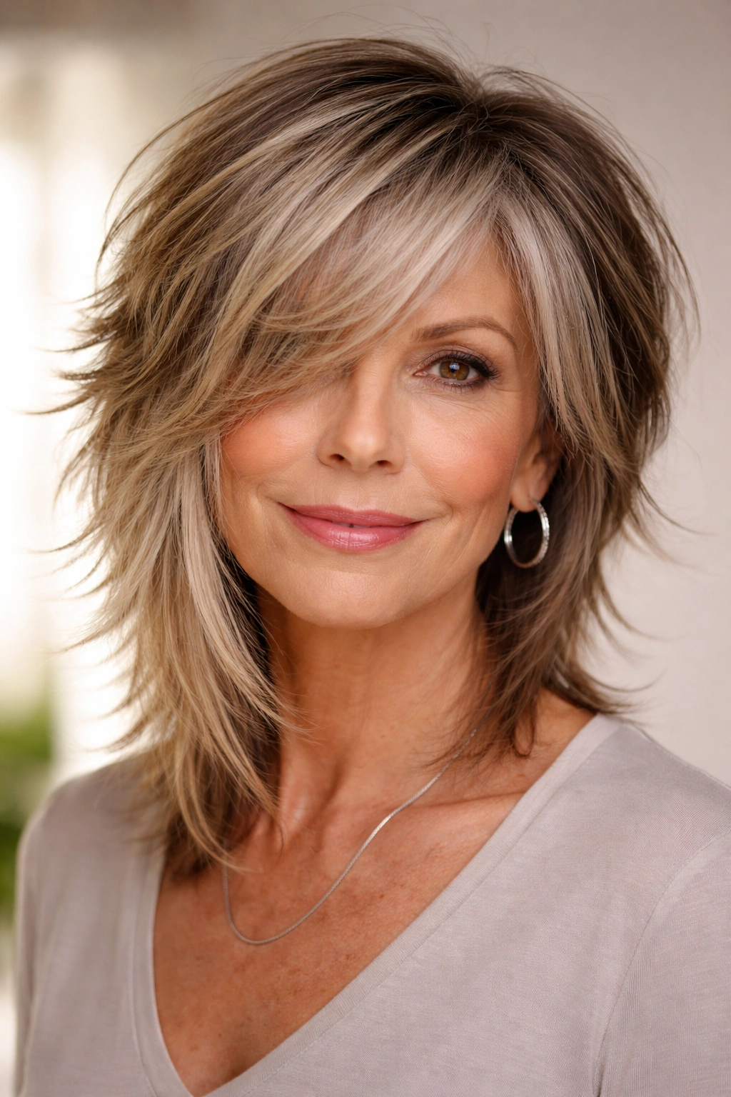 Close-up of a mature woman with dramatic asymmetrical shag showing longer side and textured layers