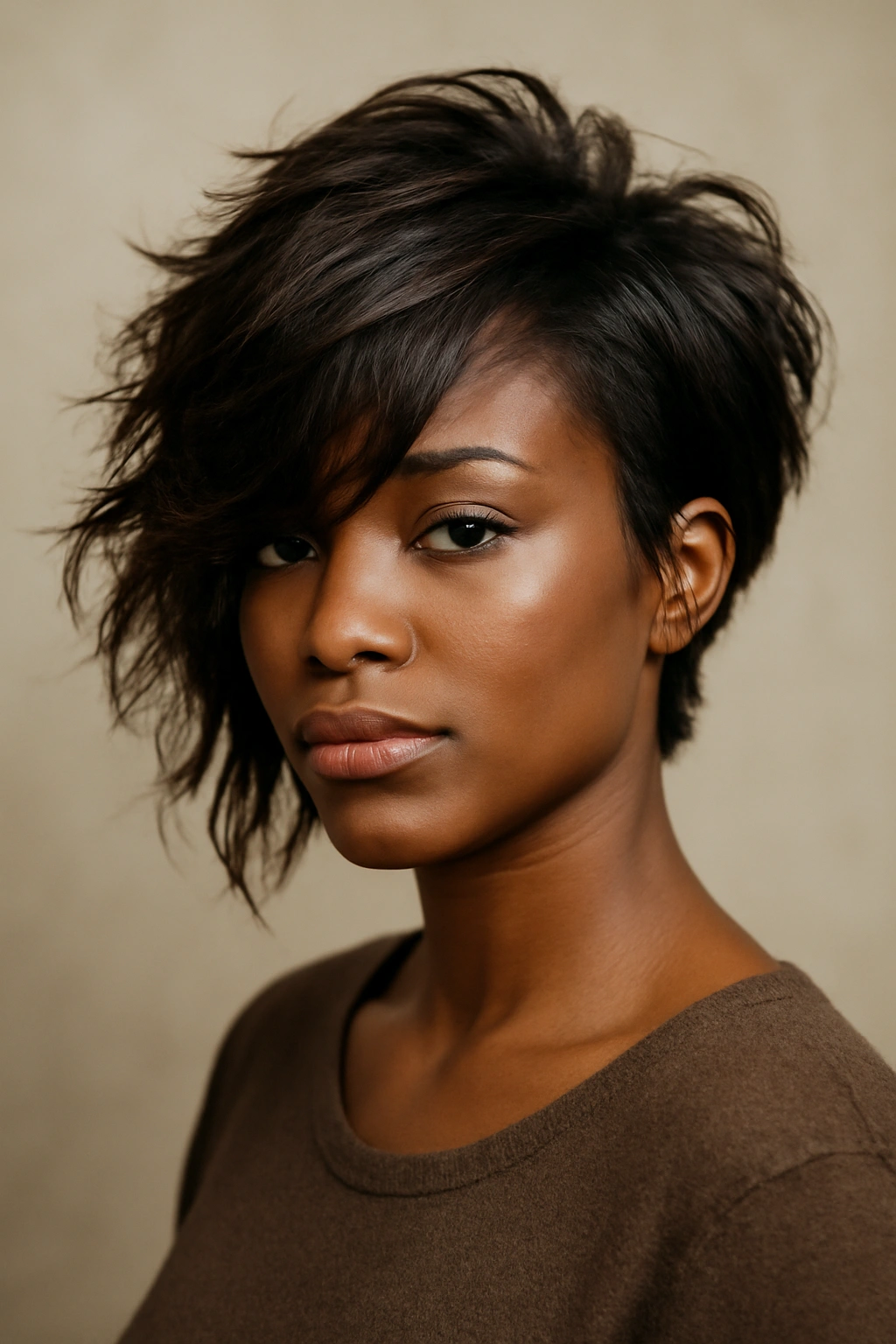 12 Short Weave Hairstyles Black Women Are Loving 9 Portrait of The Asymmetrical Shag with longer side and shorter opposite side showing textured layers.