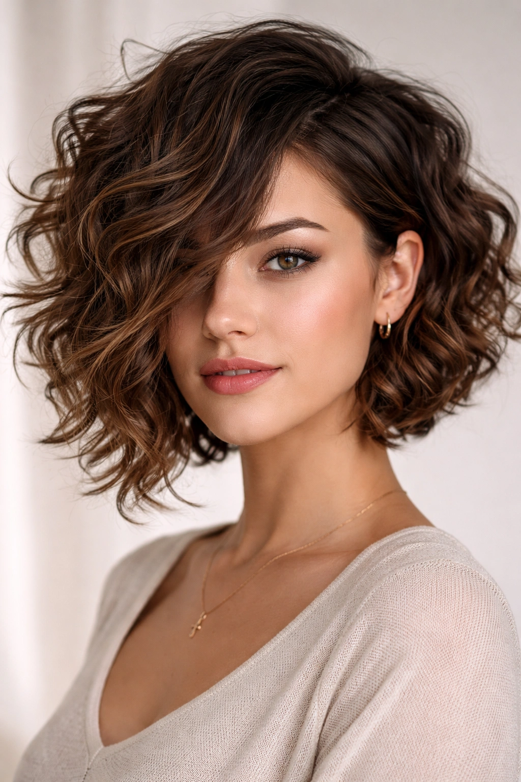 Three-quarter view of tousled asymmetrical shaggy curl bob
