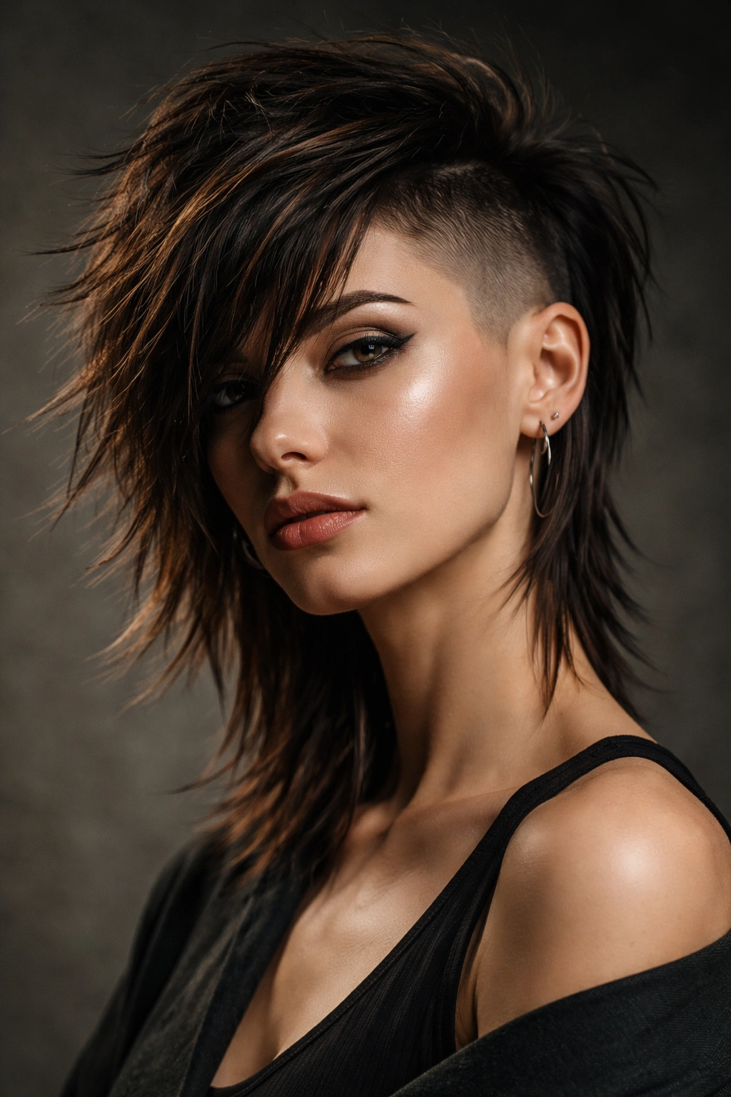 Asymmetrical shag with high fade undercut featuring textured layers framing the cheekbones