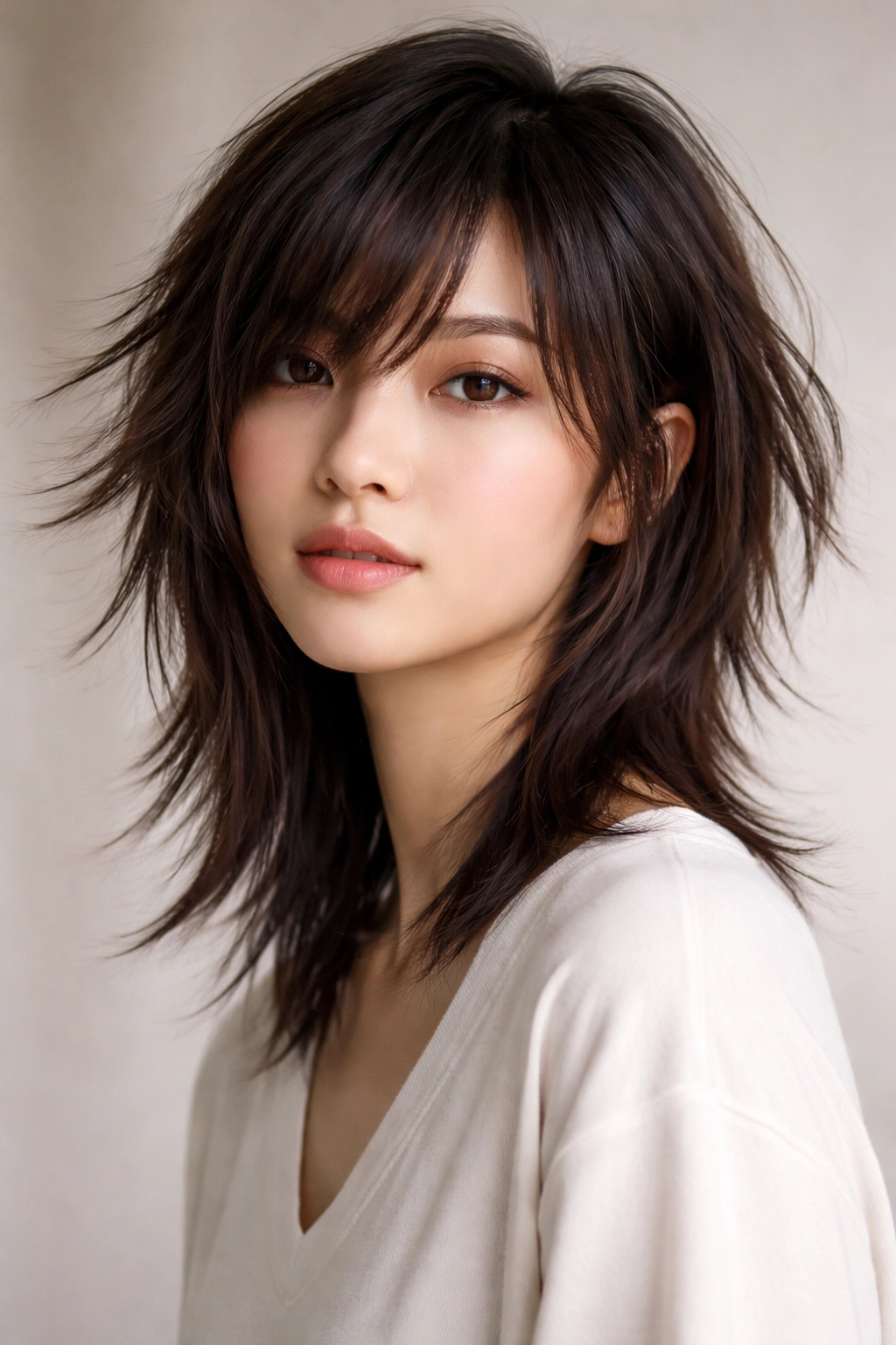 Close-up of a model's hair featuring an asymmetrical shag with a longer side and layered texture
