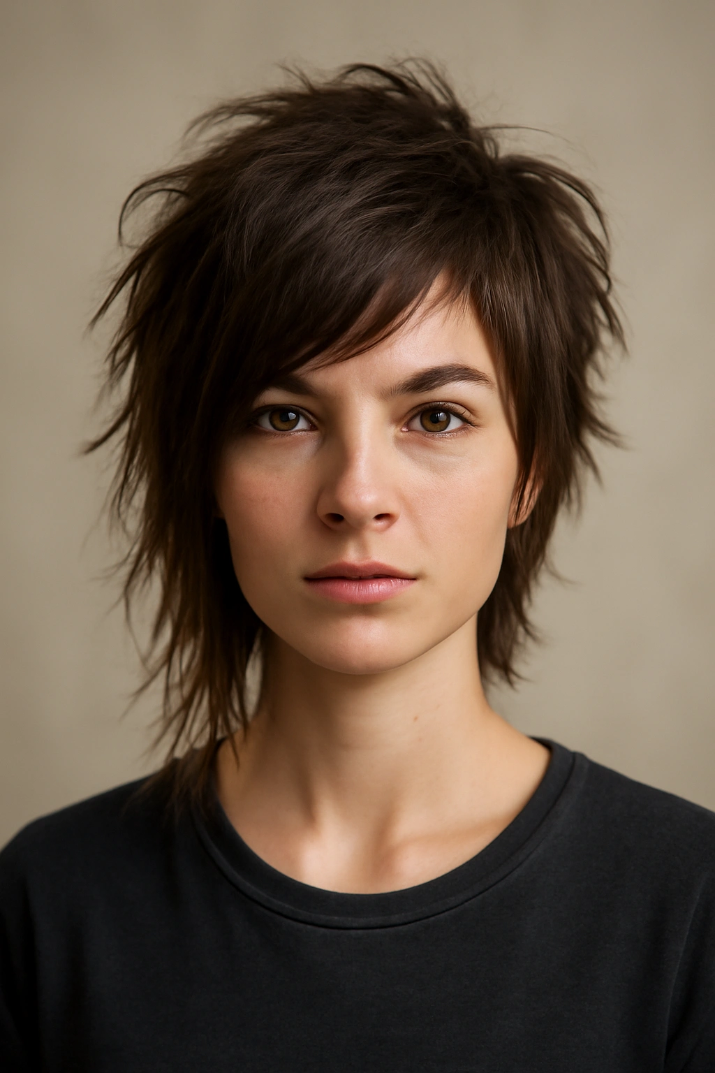 20 Short Shag Haircuts for Easy, Effortless Mornings 7 Close-up of an asymmetrical shag hairstyle with uneven lengths and textured layers.
