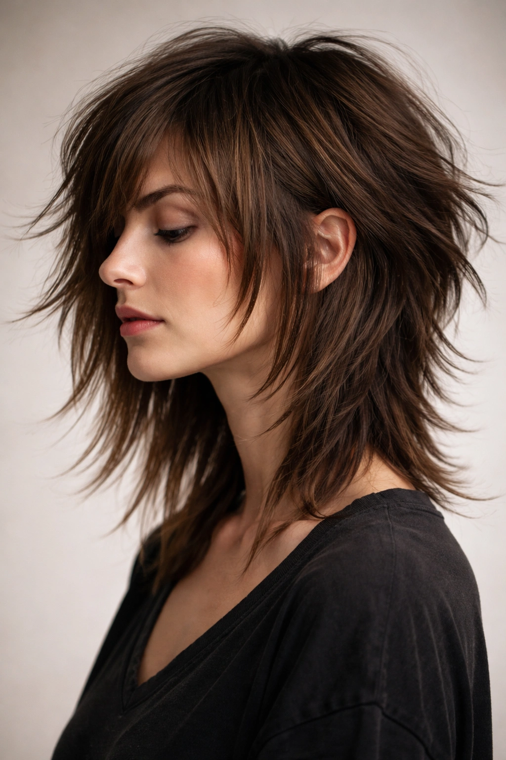Profile view of Asymmetrical Layered Shag showing uneven lengths