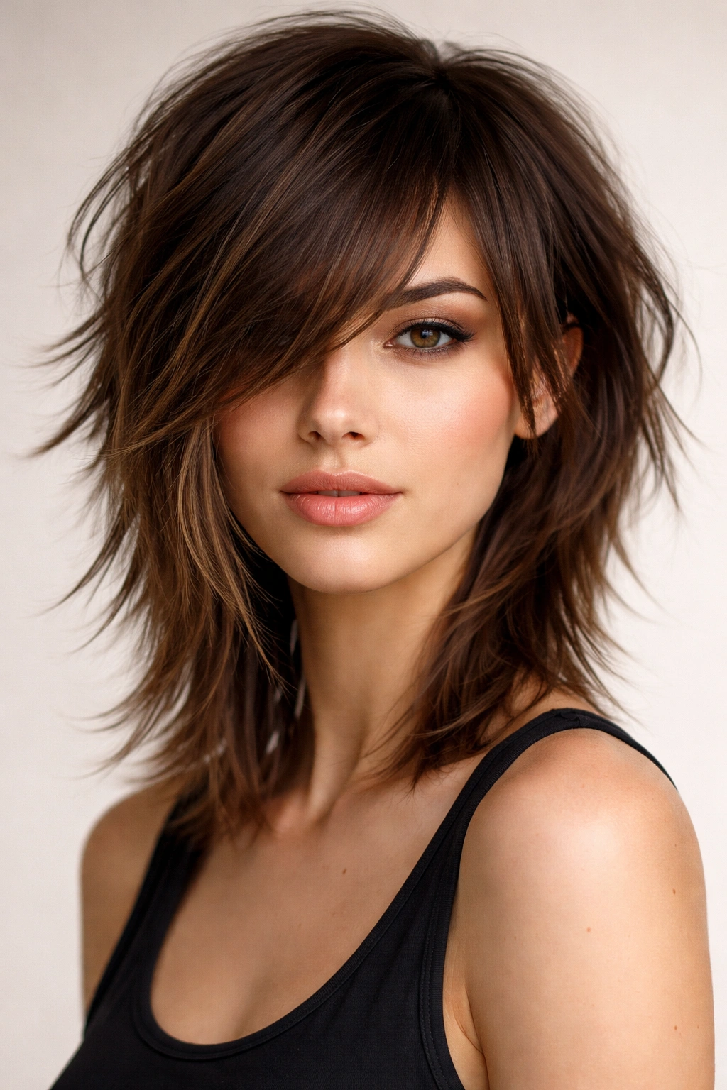Asymmetrical shag with one-side longer bangs