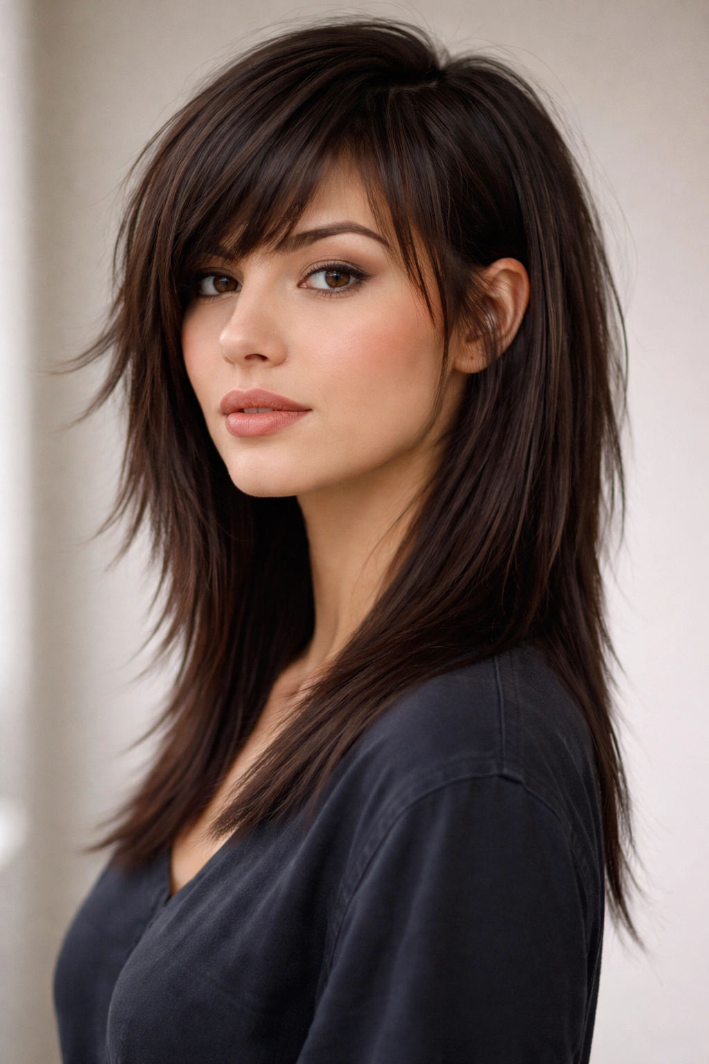 Asymmetrical shag on straight hair for round face showing length contrast