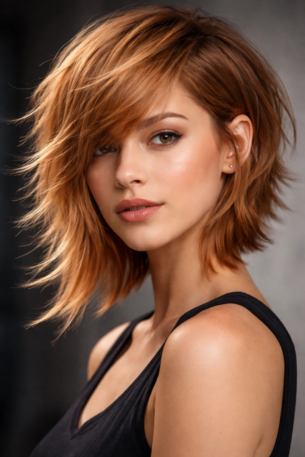 Asymmetrical shag haircut in strawberry blonde with one shorter side and layered texture