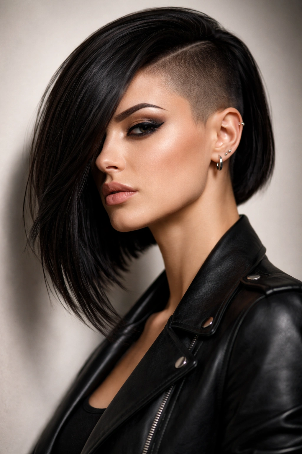 Close-up portrait of a bold asymmetrical shaved hairstyle with a sweeping long side