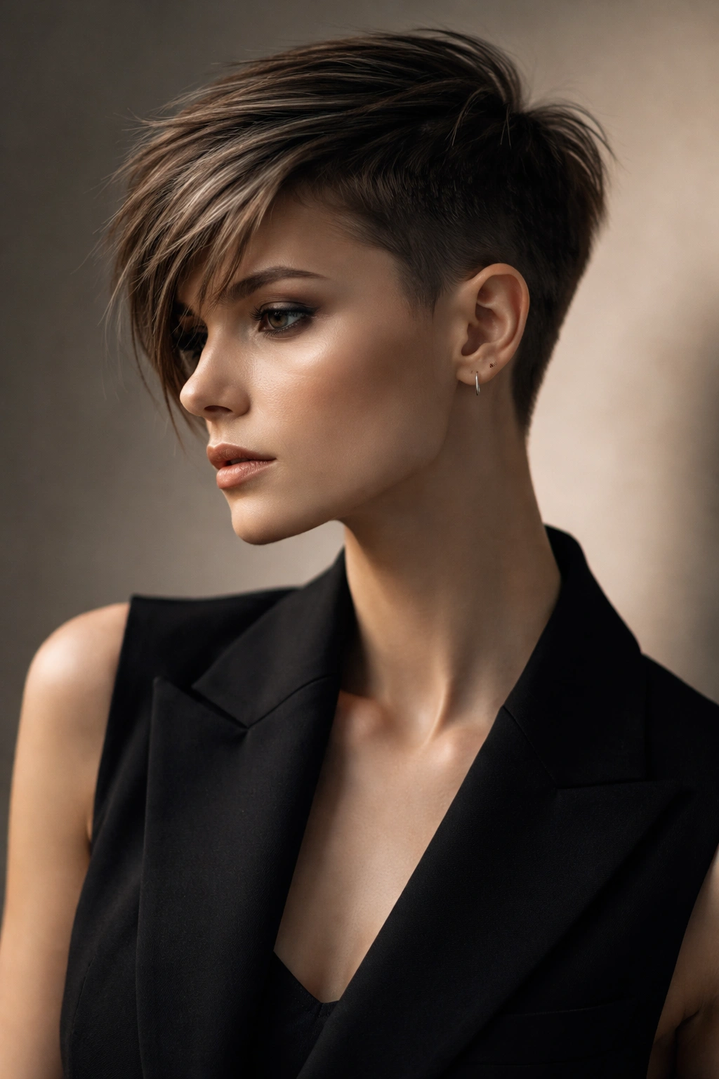 12 Boyish Short Haircuts Women Keep Asking For 7 Close-up of an asymmetrical short crop with uneven lengths on a single model in a neutral studio setting