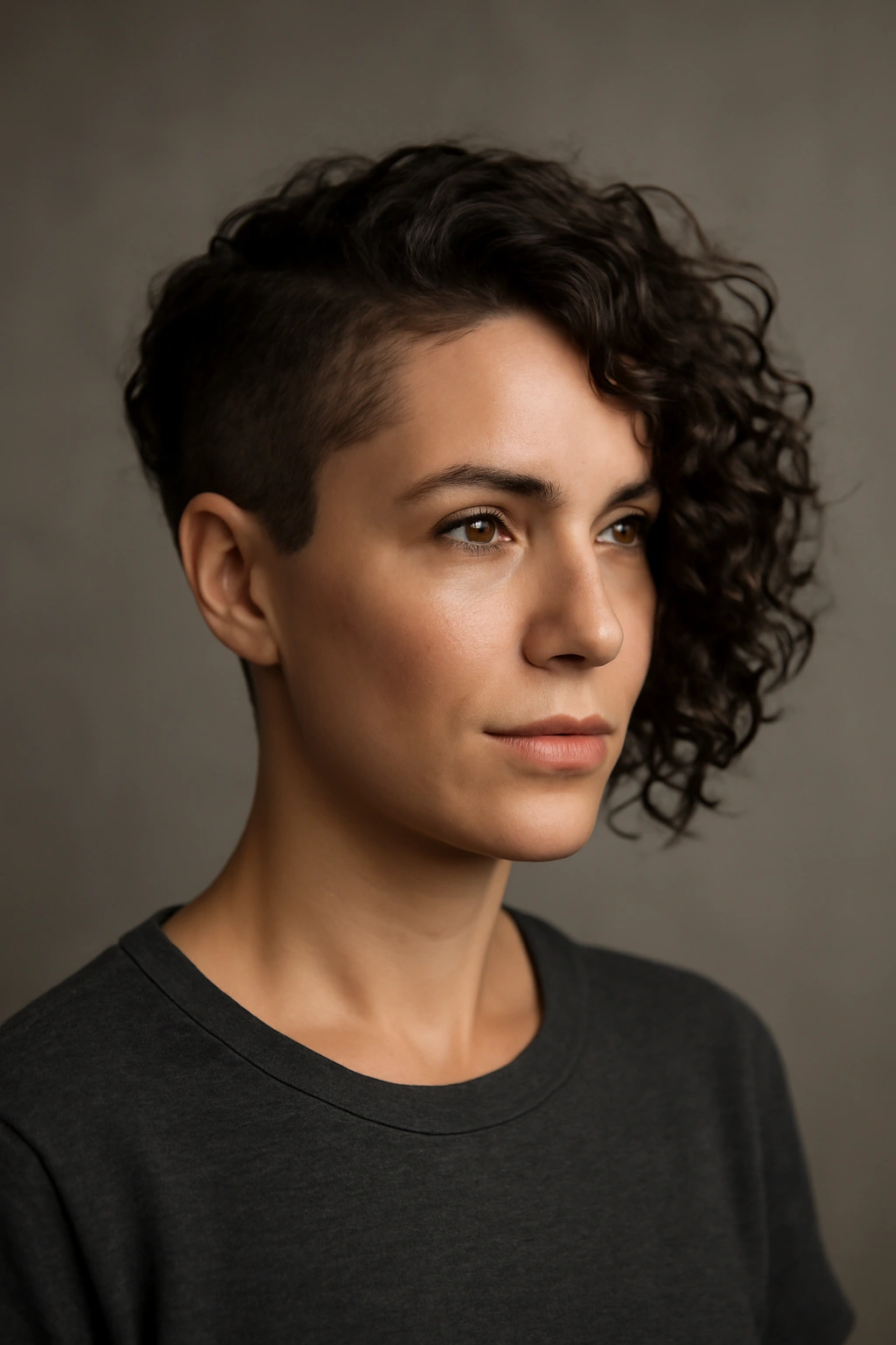 Portrait of a woman with asymmetrical short curls