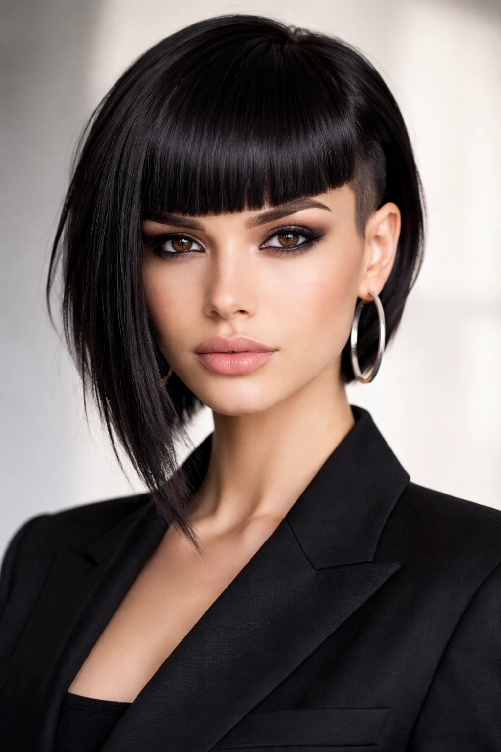 Person with asymmetrical short cut and thick blunt bangs, high-contrast styling