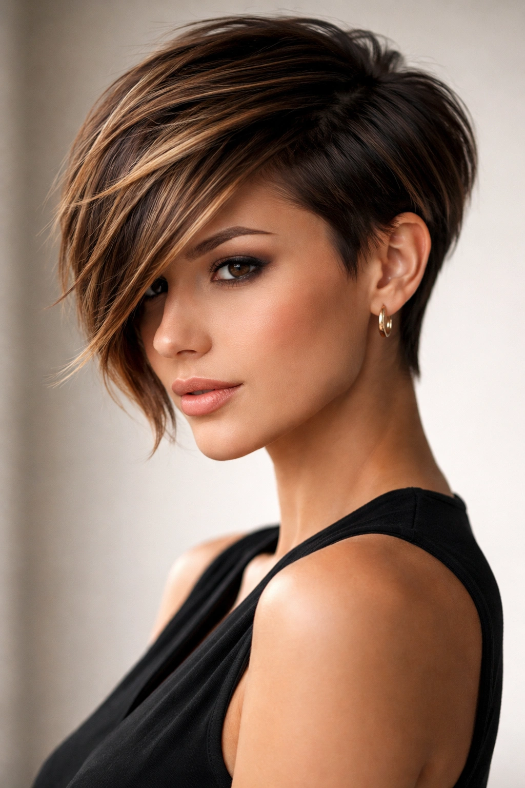Close-up of asymmetrical short haircut with caramel highlights emphasizing bold architecture