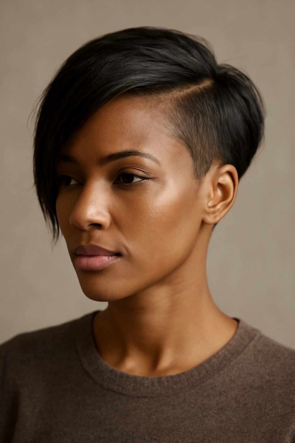 10 Short Haircuts for Black Women With Fine Hair 9 Portrait of a person with an asymmetrical short cut showing dramatic length contrast.