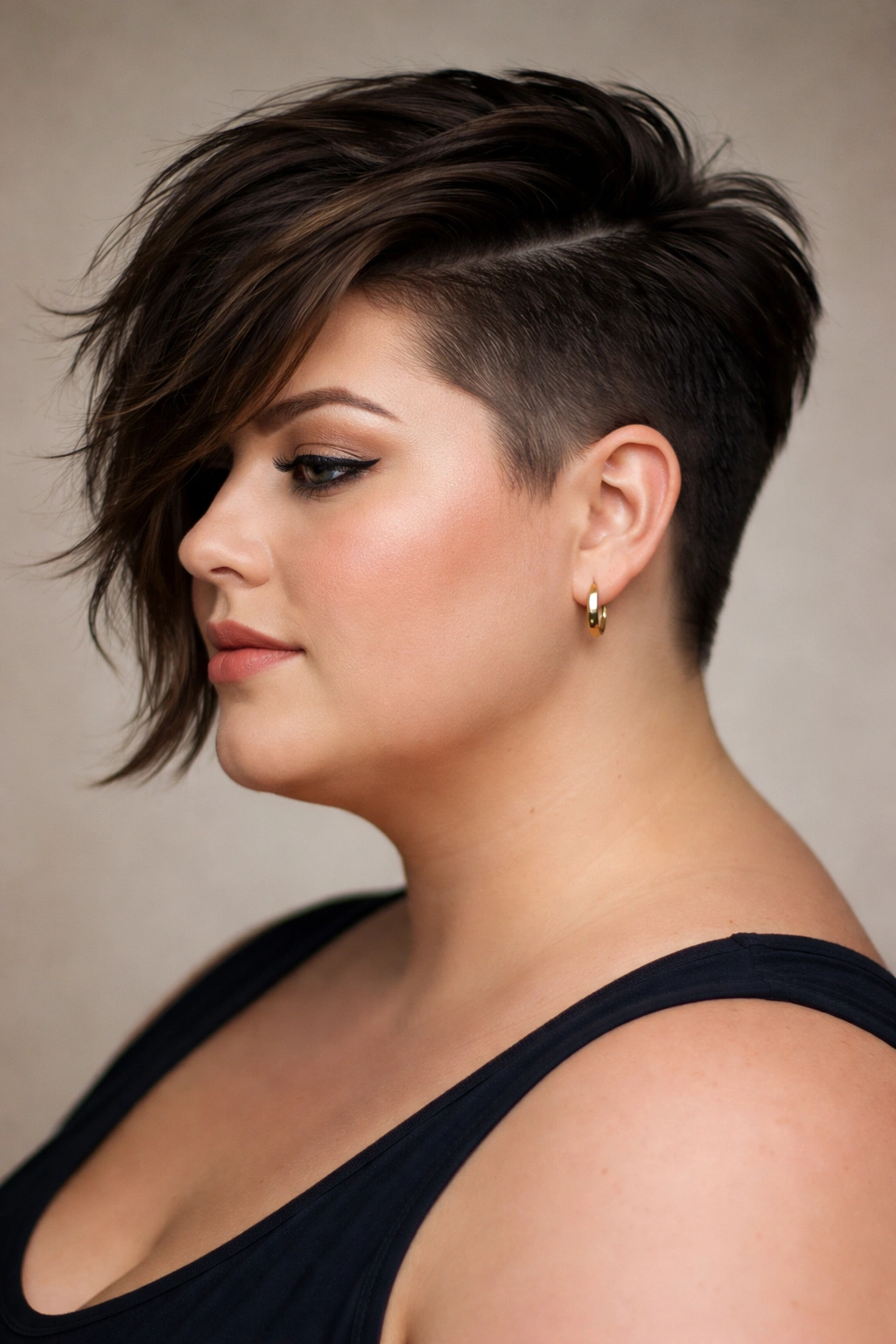 12 Short Haircuts For Plus Size Women With Round Faces 3 Asymmetrical short cut profile showing bold edge and length difference