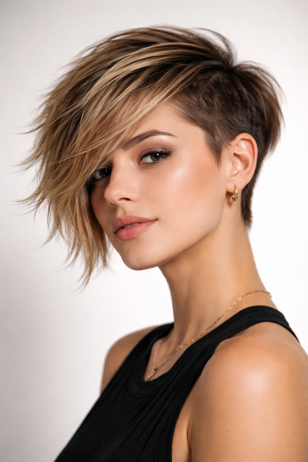 Portrait of a person with an asymmetrical short cut showing a shorter side and longer textured side
