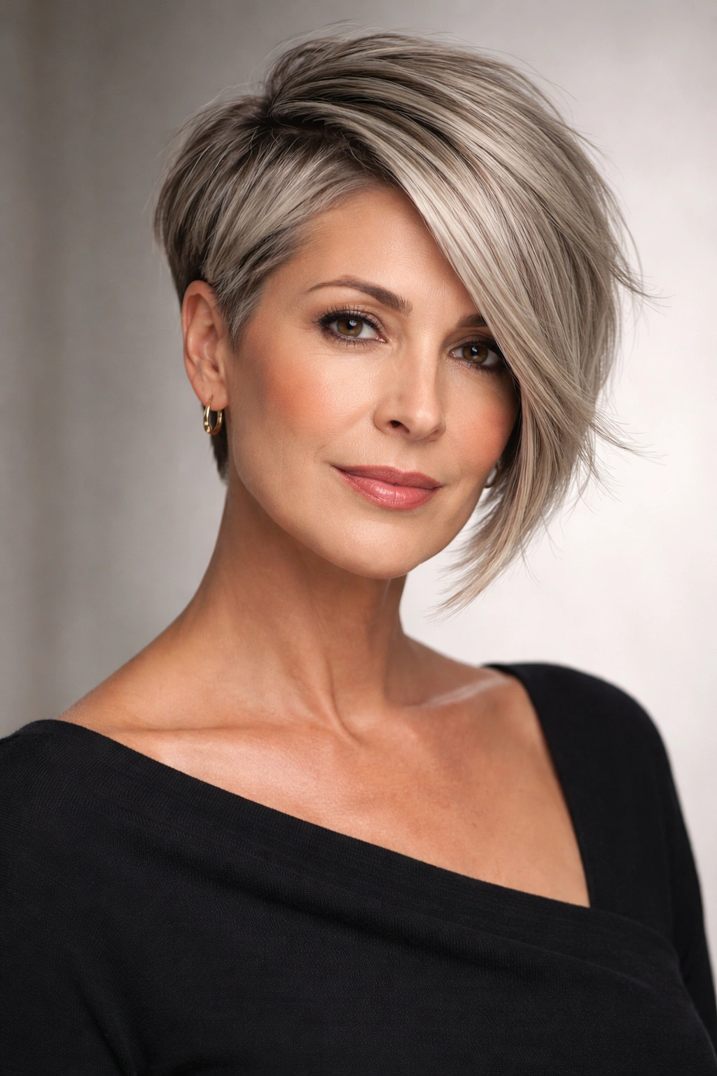 Asymmetrical short hairstyle with one longer side.