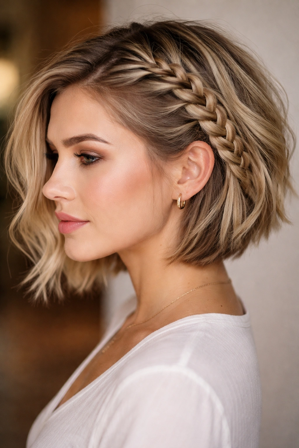20 Short Braided Hairstyles To Pin Right Now 3 Close-up of an asymmetrical side braid on a short bob