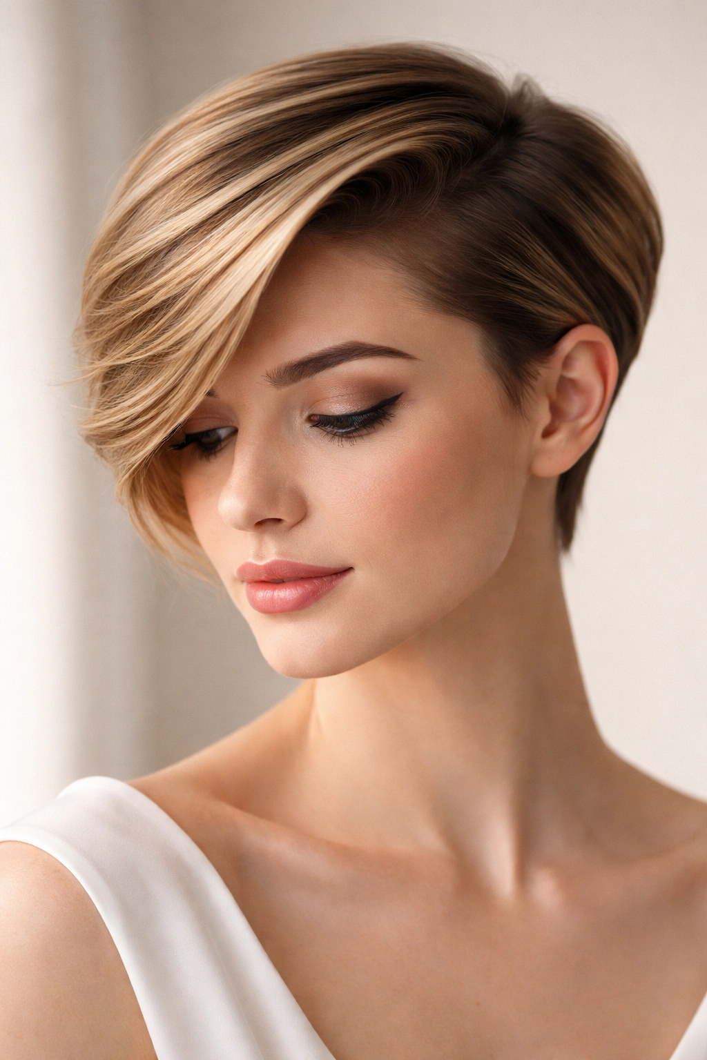 Short hair with a deep side part and one-side sweep