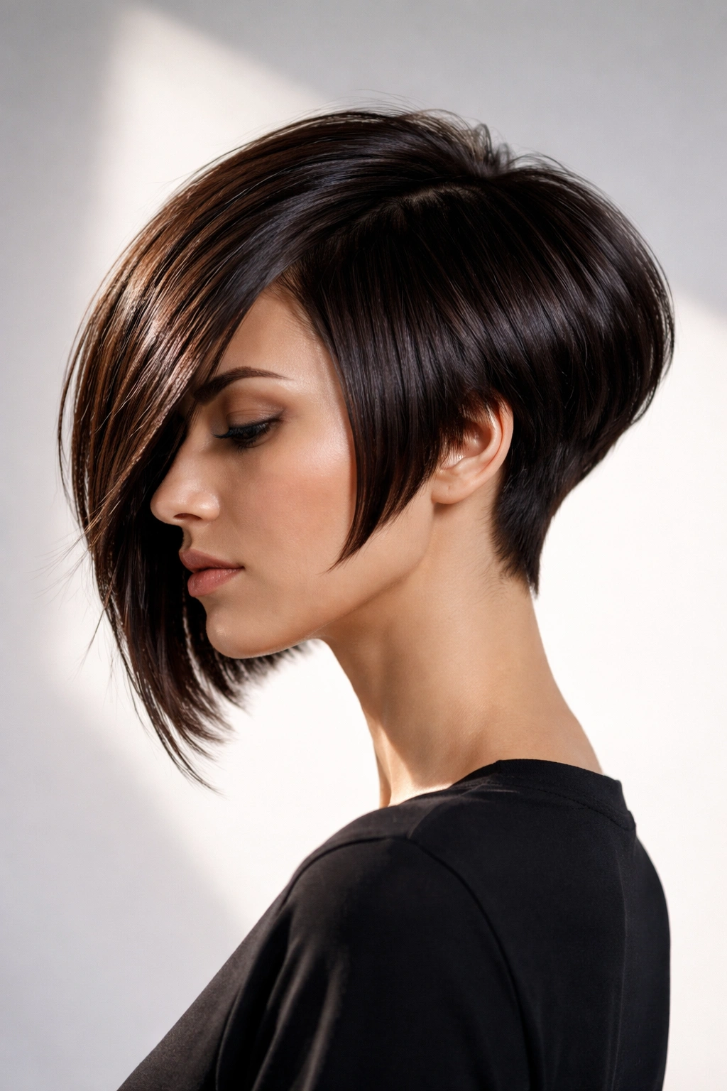 Portrait of a person with a sleek asymmetrical stacked bob showing one side longer than the other.