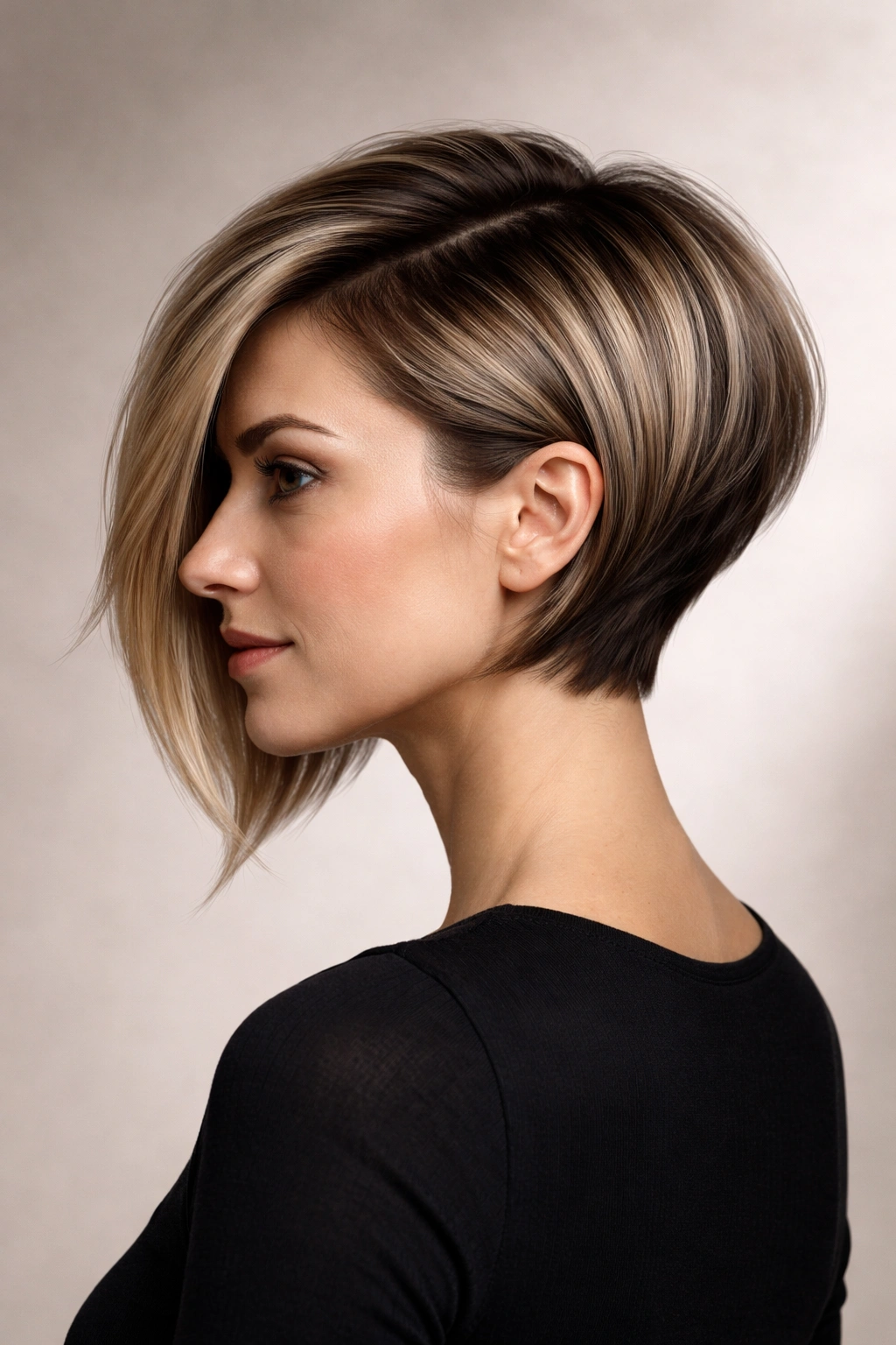 Asymmetrical stacked bob with one longer side and lifted back, bold silhouette.