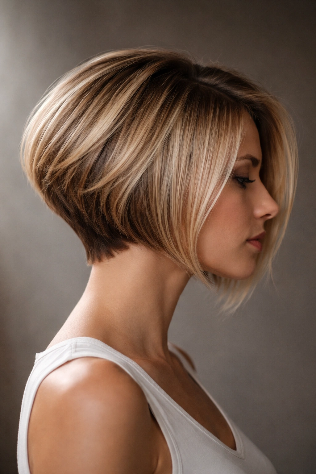 10 Stacked Angled Bobs That Boost Fine Hair 6 Side view of asymmetrical stacked bob with one side shorter and stacked back
