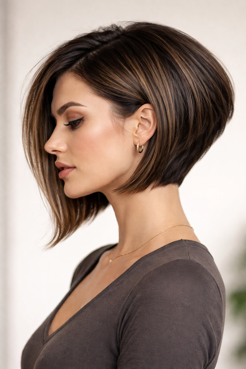 Asymmetrical stacked bob with longer front on one side and stacked back