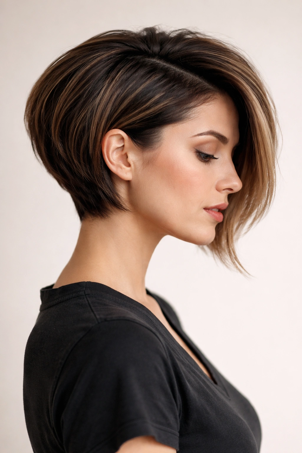 12 Short Stacked Bobs With Lift In The Back 7 Close-up of an asymmetrical stacked bob showing dramatic back lift and uneven lengths.