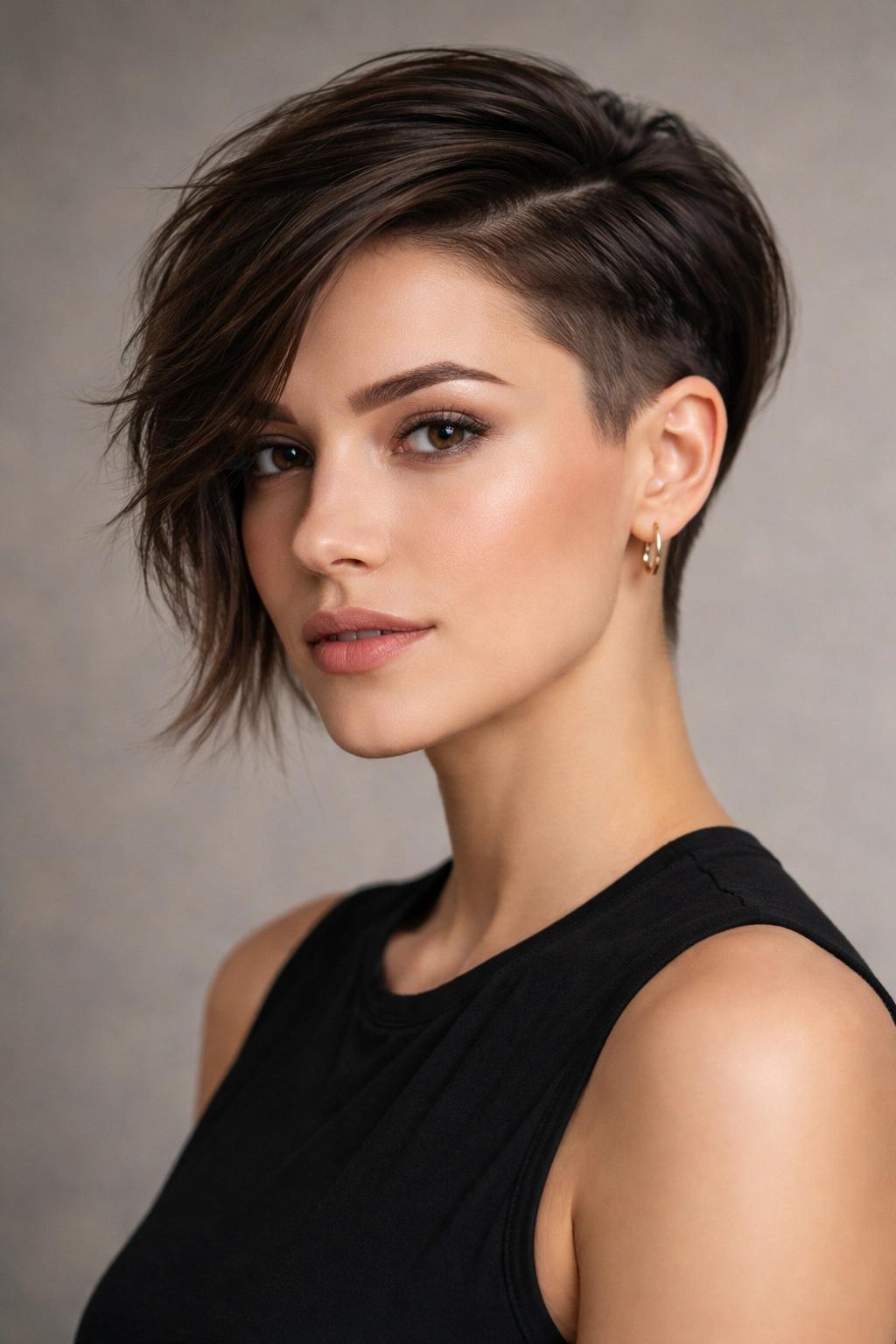 Portrait of a woman with an asymmetrical taper showing one long side tucked behind the ear in a studio.