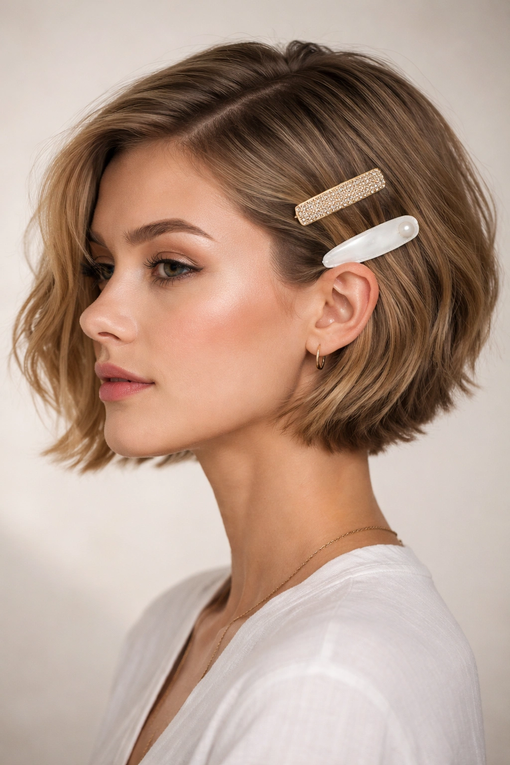 Side view of short hair with two clips on one side at different heights