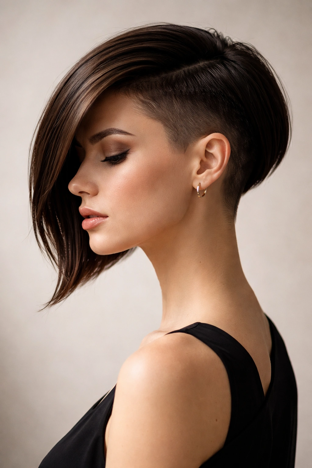 Side profile of an asymmetrical undercut bob with a longer, styled side.
