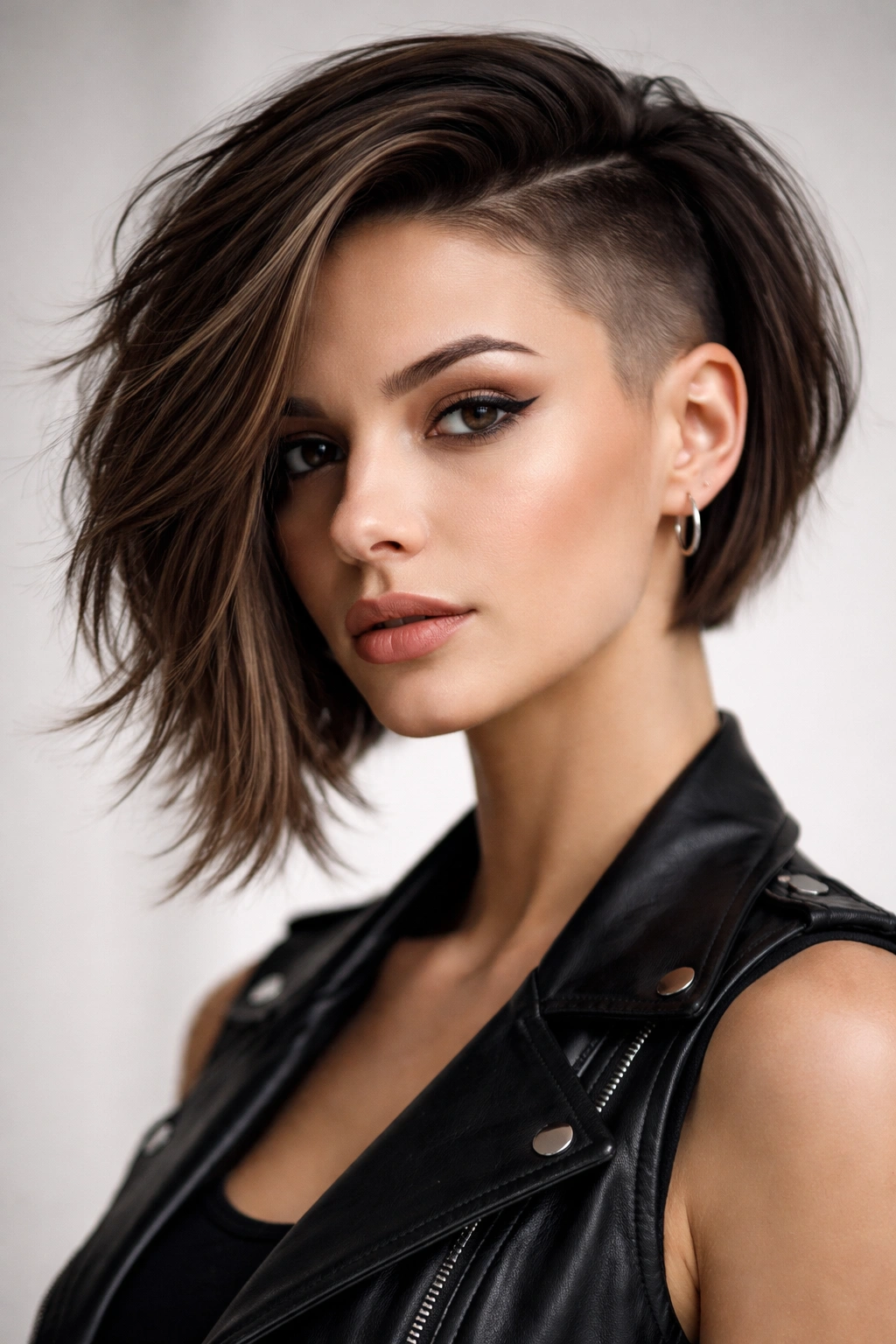 Three-quarter view of an asymmetrical undercut bob with one shaved side
