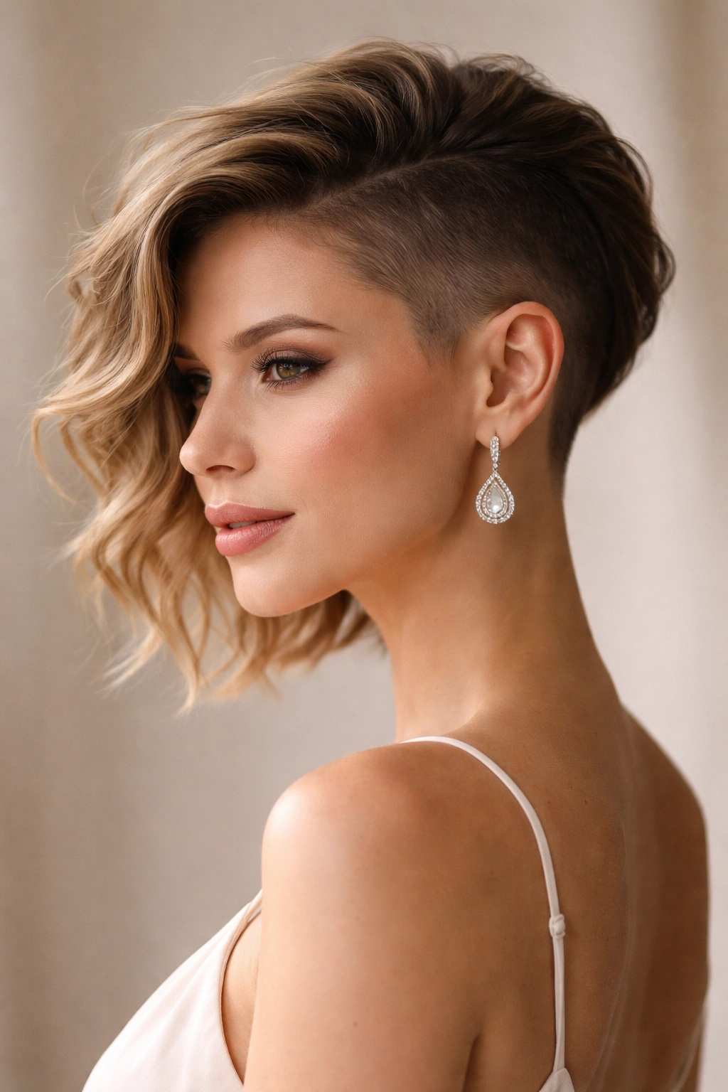 Profile view showing an asymmetrical undercut with a longer textured top on the opposite side