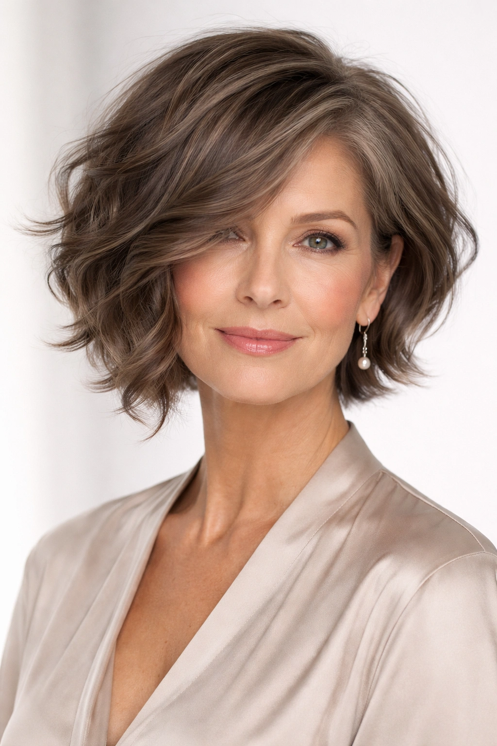 Asymmetrical wavy bob in cool medium brown