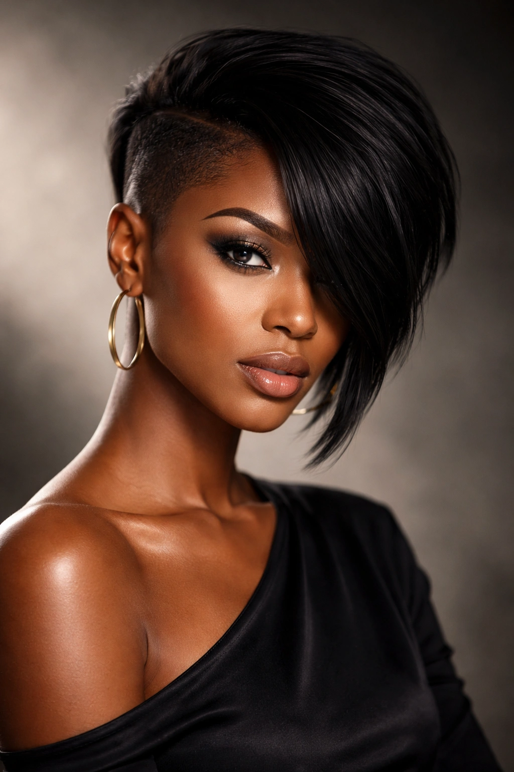 Portrait of a woman with asymmetrical short weave and contrasting lengths.