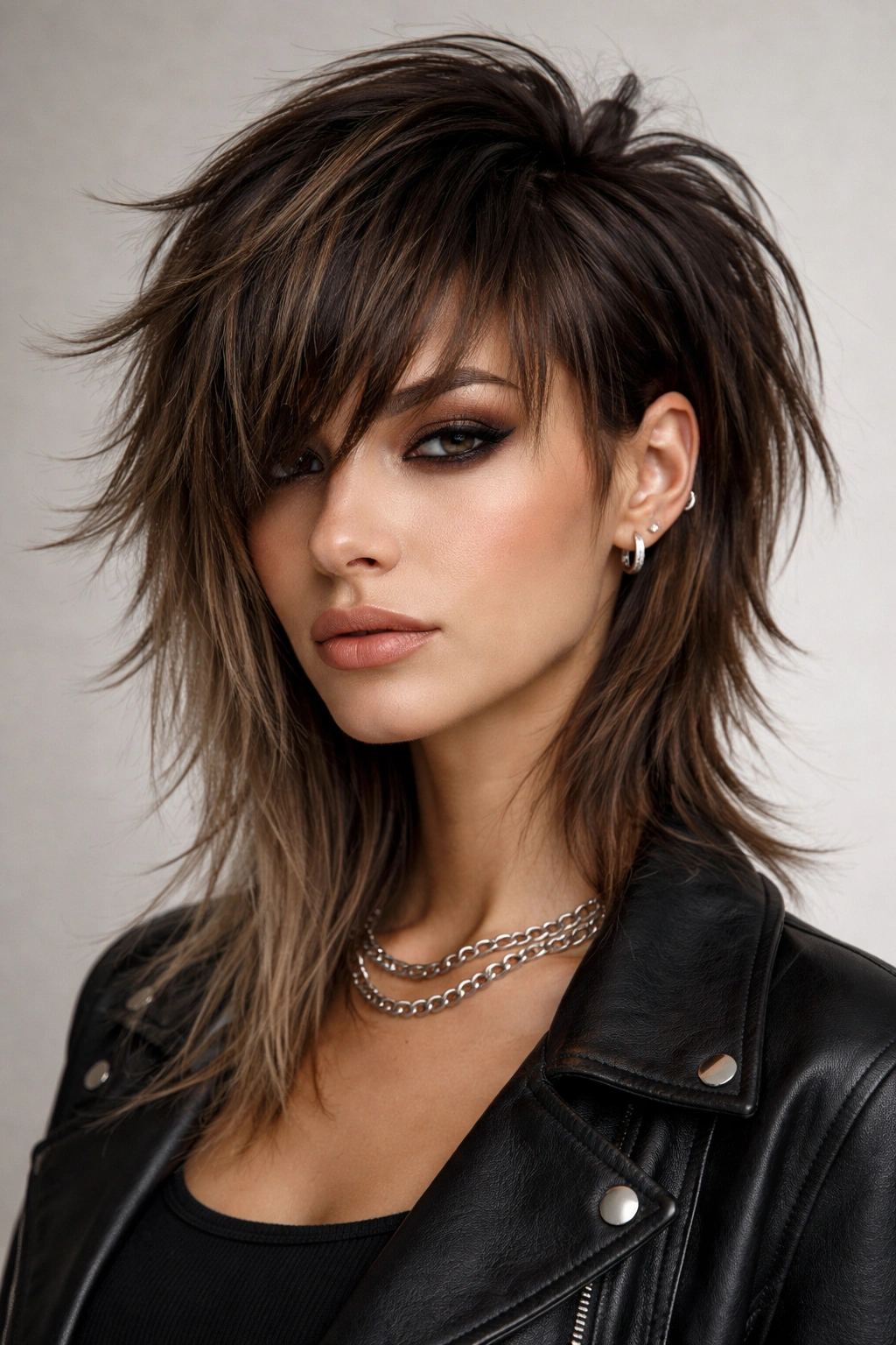 Asymmetrical wolf cut hairstyle with one side longer on model