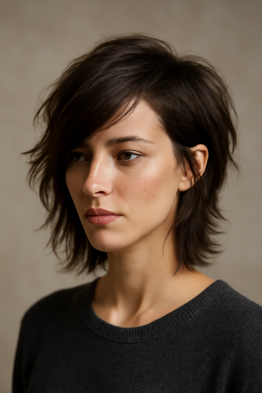 12 Wolf Cuts That Make Short Hair Look So Cool 5 Model with asymmetrical side-swept wolf cut featuring a longer sweeping side.